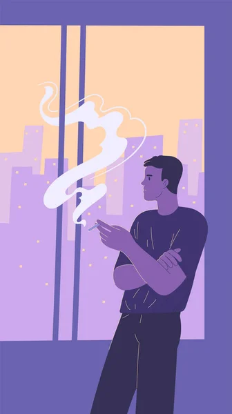 Человек курит сигарету в темноте в одиночестве стоя у окна с видом на вечерний город — стоковый вектор