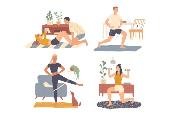 Αθλητική άσκηση στο σπίτι. Οι άνθρωποι γυμνάζονται εσωτερικά. Άντρας, γυναίκα που εκτελεί αθλητικές δραστηριότητες, προπόνηση φυσικής κατάστασης. — Διανυσματικό Αρχείο