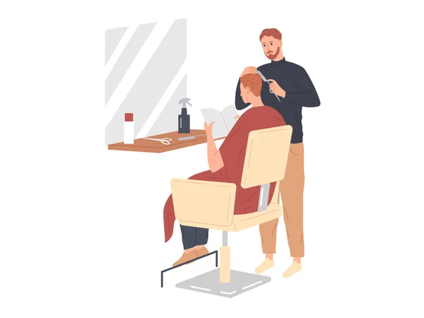 Parrucchiere che serve cliente maschile al negozio di barbiere — Vettoriale Stock