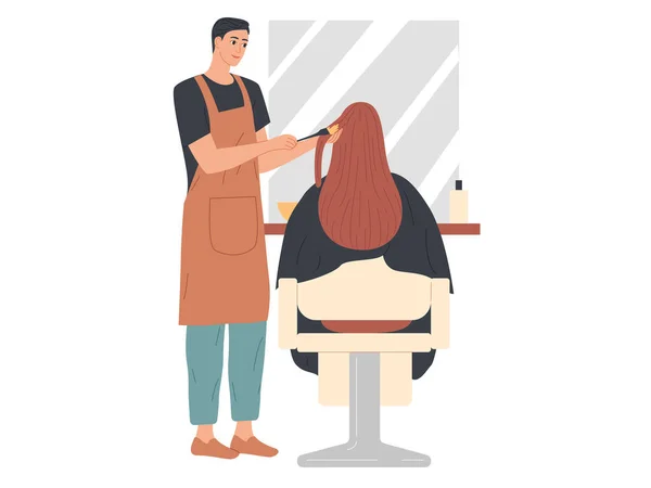El peluquero aplica tinte al cabello del cliente. Teñido del cabello, Coloración del cabello — Archivo Imágenes Vectoriales