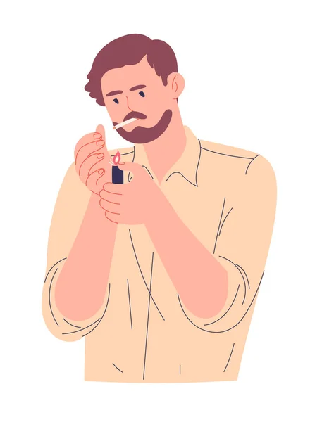 Un jeune homme allume une cigarette avec un briquet — Image vectorielle