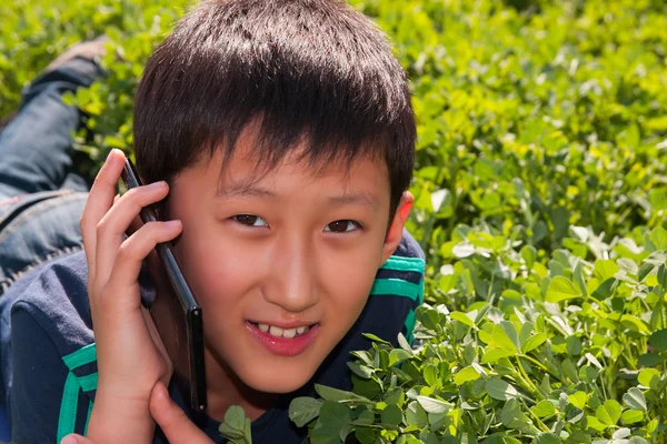Boy via sellphone on the grass — Stock Photo, Image