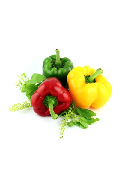 Eine Paprika drei Farben auf weißem Hintergrund. — Stockfoto