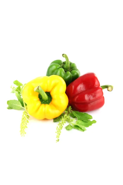 Eine Paprika drei Farben auf weißem Hintergrund. — Stockfoto