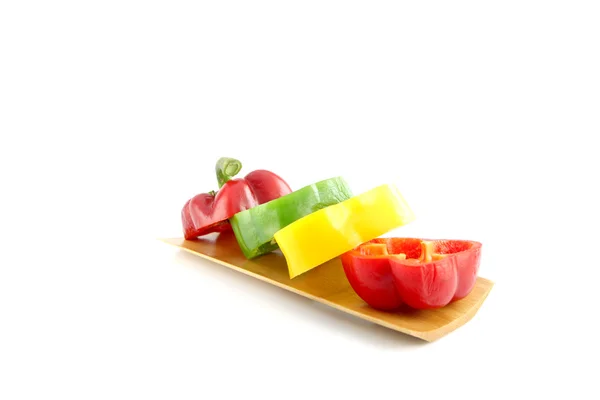 Slice the Three color of bell pepper in placing stacked. — Stock Photo, Image