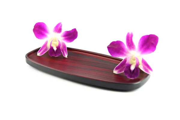 Фиолетовая орхидея на деревянной тарелке . — стоковое фото