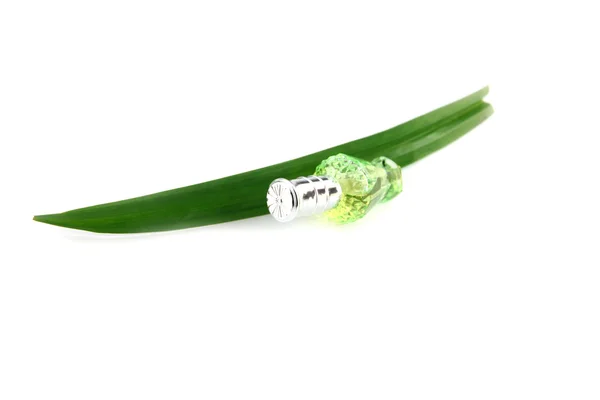 Green bottle of perfume and pandanus. — Stock Photo, Image