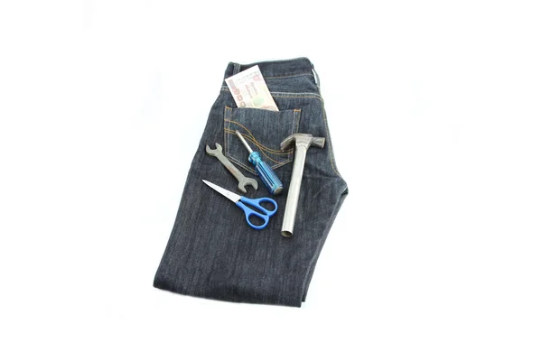 Jeans Preto, Ferramentas e dinheiro . — Fotografia de Stock