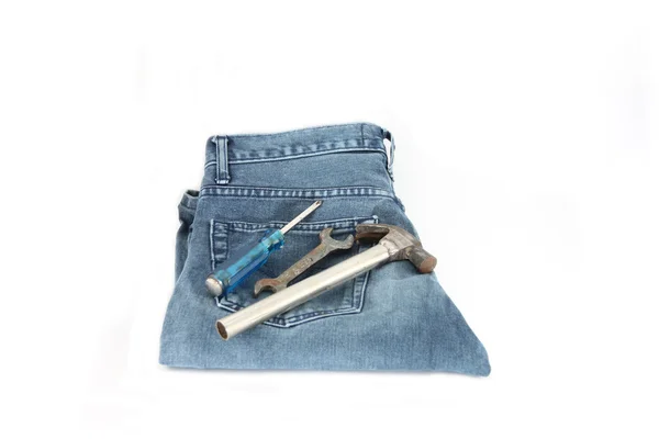 Blue Jeans,Tools and money. — Stock Photo, Image