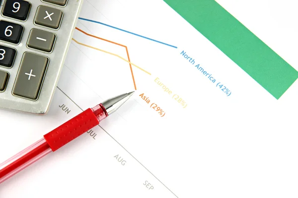 Pen and Calculator resting on a Sales graph. — Stock Photo, Image