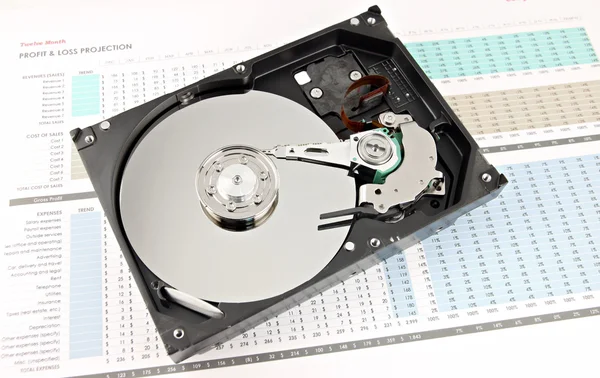 Hard drive Open the top cover off on Business graph. — Stock Photo, Image