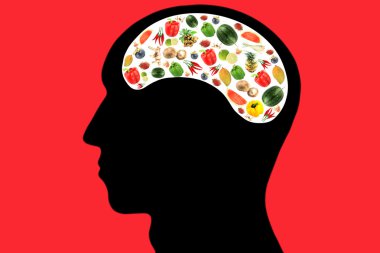 Vegetables and fruits in Head on Red Background. clipart