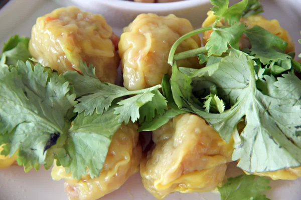 Wonton de cerdo en el plato y cilantro . — Foto de Stock