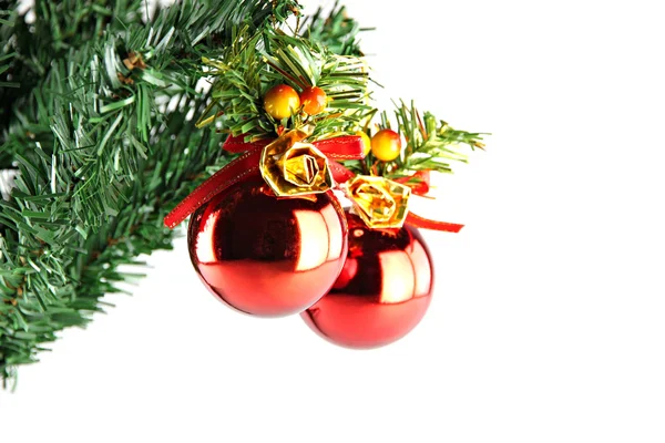 Red ball hanging on branch of Christmas tree. — Stock Photo, Image