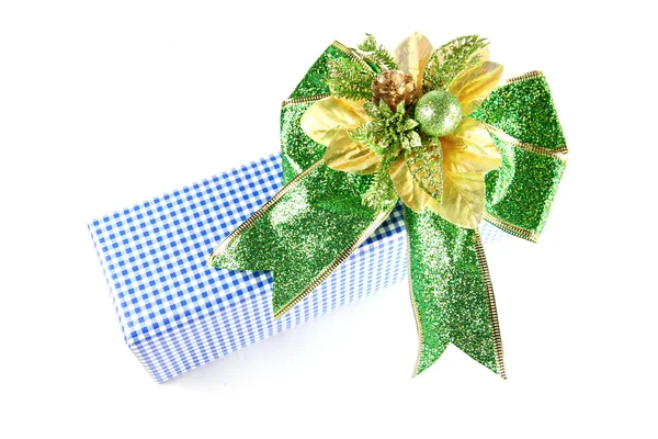 Green Ribbon and blue Gift Box. — Stock Photo, Image