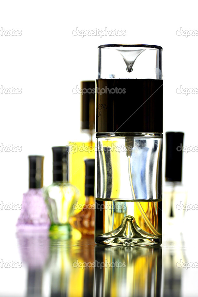 Many Bottle with Gold Perfume color isolated.