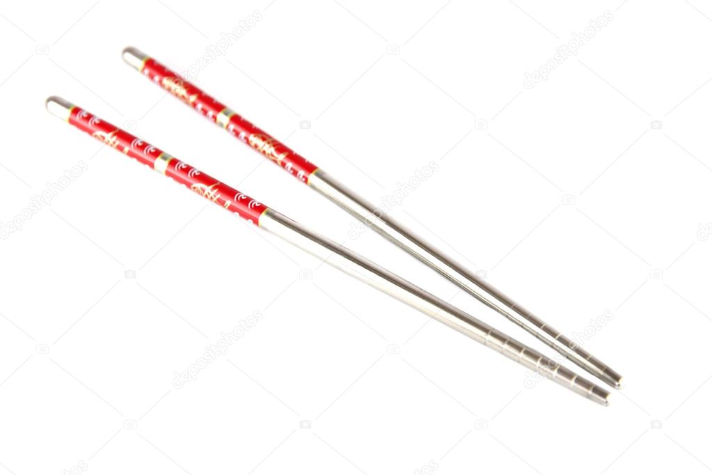 Stainless steel chopsticks with red pattern.