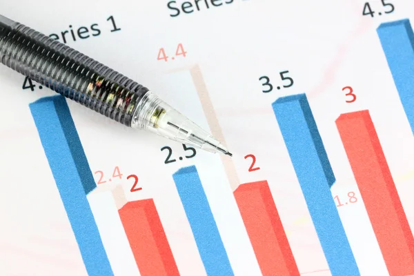 Mechanical pencil point to Numbers text on color bar graph. — Stock Photo, Image