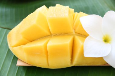 tabak muz dilimleri ile olgun mango bırakır.