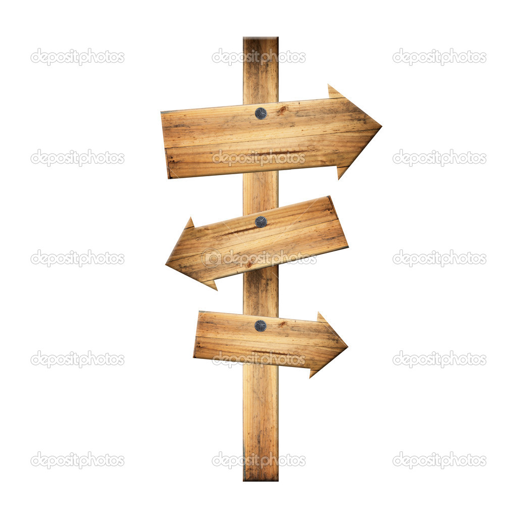 Wooden signpost of dark planks isolated on white.