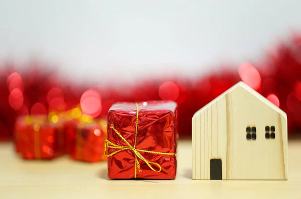 Red Gift Box Wooden House Model Concept New Year Christmas — Stock Photo, Image