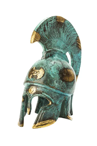 Lembrança de bronze antigo capacete grego sobre branco — Fotografia de Stock