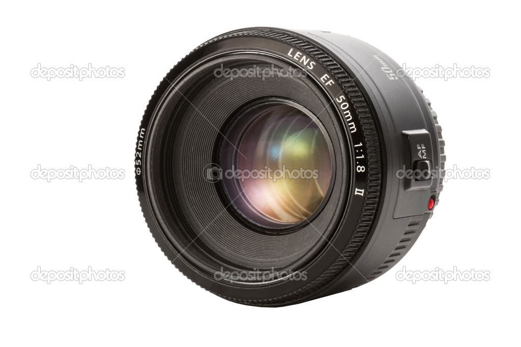 Closeup camera lens isolated on white background