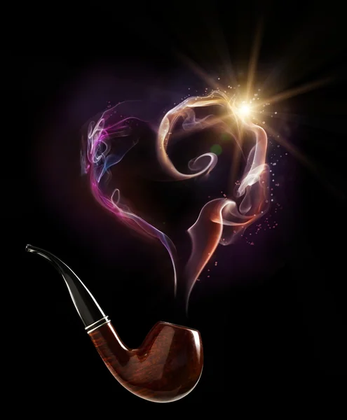 Tobacco pipe with smoke in the shape of a heart — Stock Photo, Image