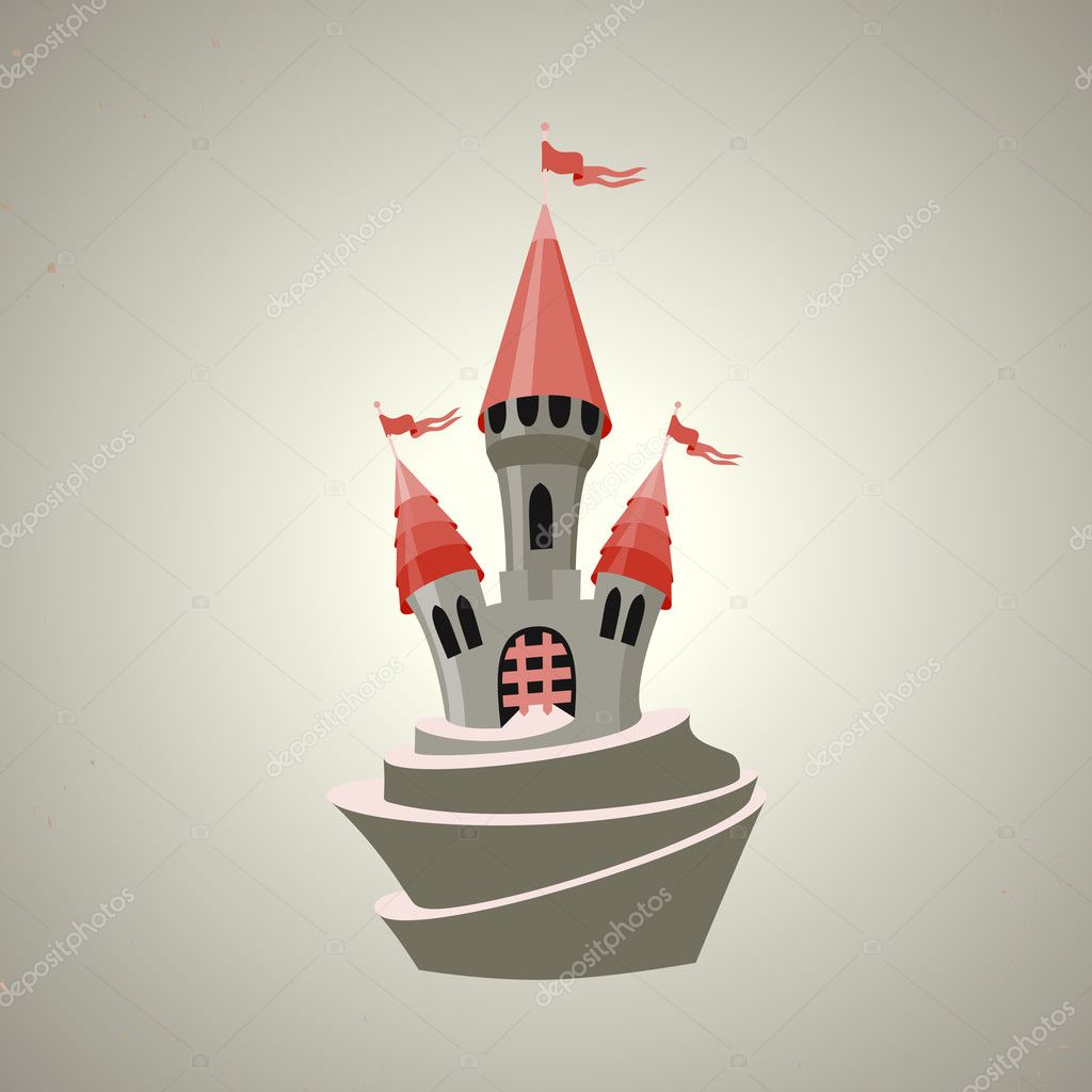 Cartoon fortified castle with flags. Icon.