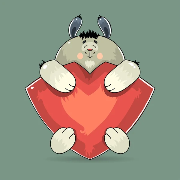 Adorável coelho Valentine abraçando um coração vermelho — Vetor de Stock