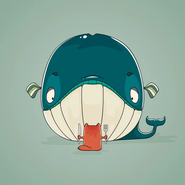 Pequeño gato sentado a cenar en una enorme ballena — Vector de stock