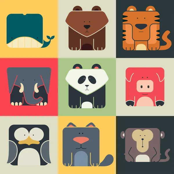 Conjunto de iconos cuadrados planos de un lindo animales — Vector de stock