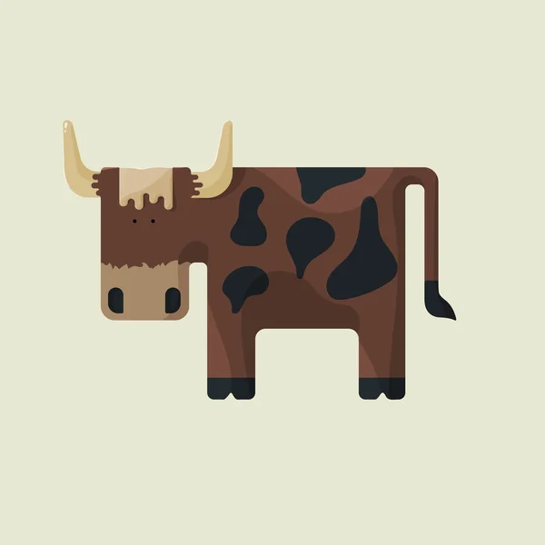 Cute brown cartoon bull with horns and spots — Stock Vector