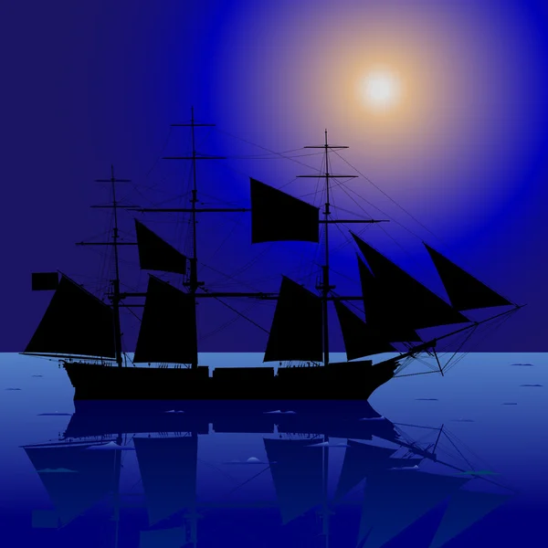 Sailing Ship In The Night Sea — Stock Vector