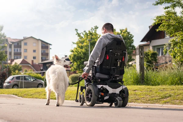 Niepełnosprawny prowadzi na smyczy psa przewodnika. — Zdjęcie stockowe