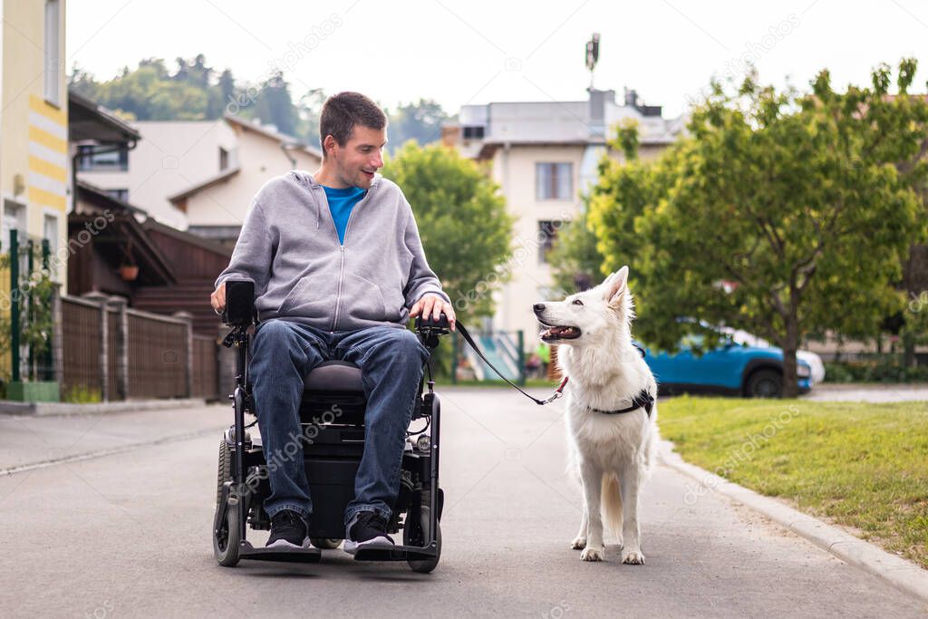 A disabled man leads on a leash a service dog