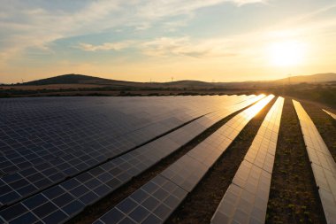 Güneş paneli çiftliği gün batımının altında