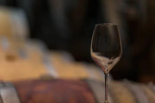 Authentic wine cellar for wine production and storage, with a high ceiling, stone floor, and big oak barrels lined in rows