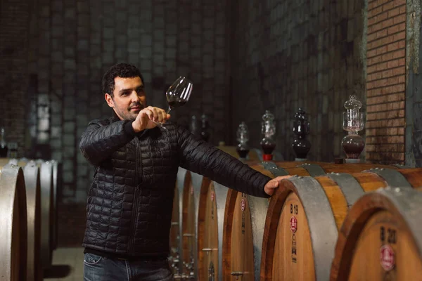 Man tasting red wine in a winery barrel cellar, holding a wine glass, swirling it, smelling, and sipping wine, delighted with wine taste and flavor.