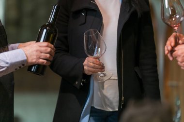 Close-up view of male hands pouring red wine from a bottle into a fine wine glasses of a young couple, tourists on the tour of authentic wine cellars