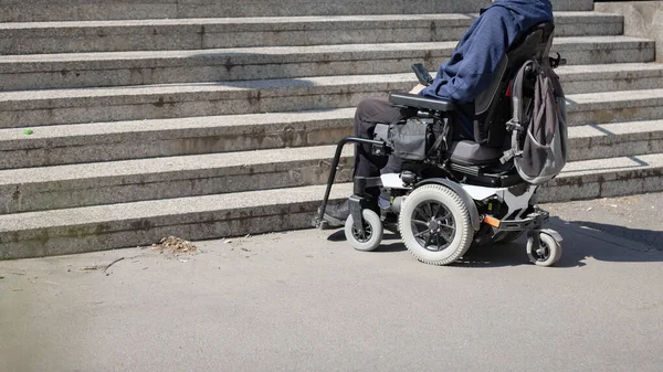 Man Disability Wheelchair Stopped Front Staircase Raising Awareness Architectural Barriers — Stock fotografie