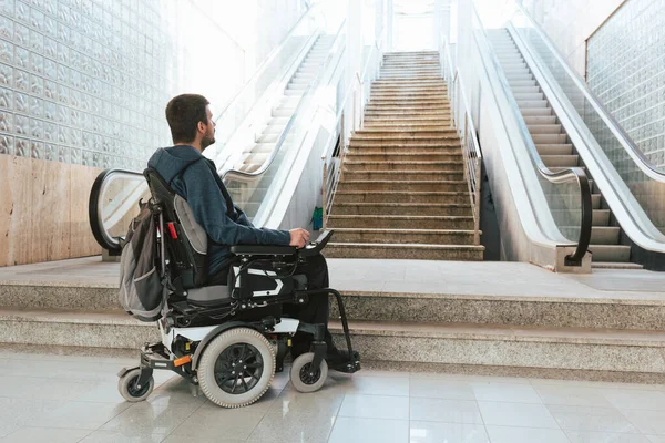Man Disability Wheelchair Stopped Front Staircase Raising Awareness Architectural Barriers — Stockfoto