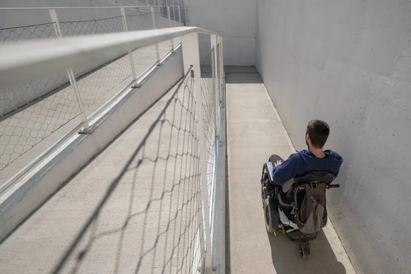 Man Wheelchair Approaching Building Moving Accessible Ramp Persons Disability — Photo