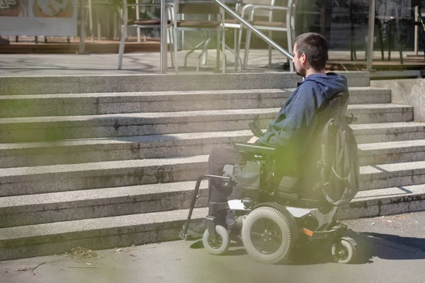 Person Disability Electric Wheelchair Stopping Bottom Inaccessible Staircase Unable Reach — Foto de Stock