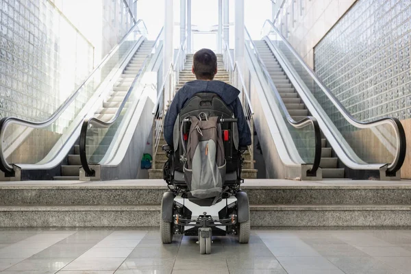 Man Disability Wheelchair Stopped Front Staircase Raising Awareness Architectural Barriers — Stockfoto