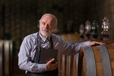 Kafkas kıdemli bir adam, önlüklü bir gri sakallı şarap üreticisi şarap mahzenindeki büyük ahşap varilleri kontrol ediyor ve bir tablet cihazıyla veri girişi yapıyor.