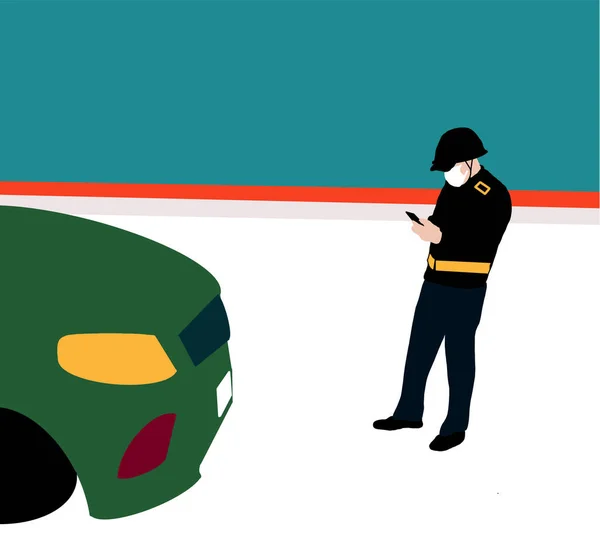 Police officer writing a ticket fine to a car in no parking area. Violation ticket. Vector illustration