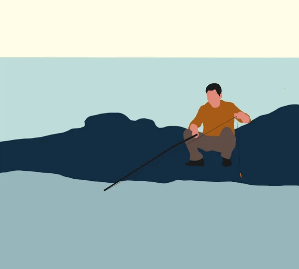 Pescador Captura Peces Orilla Del Lago Montaña Pesca Naturaleza Soledad — Foto de Stock