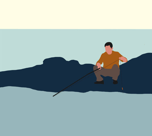Fisherman is catching fish on shore of mountain lake. Fishing, nature, solitude, hobby, vacation concept. Flat vector illustration.