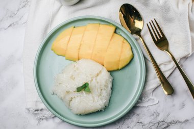 Hindistan cevizi sütüyle (Khao Niew Ma Muang) mango ve yapışkan pirinç. Yaz mevsimi için Tayland tatlısı..